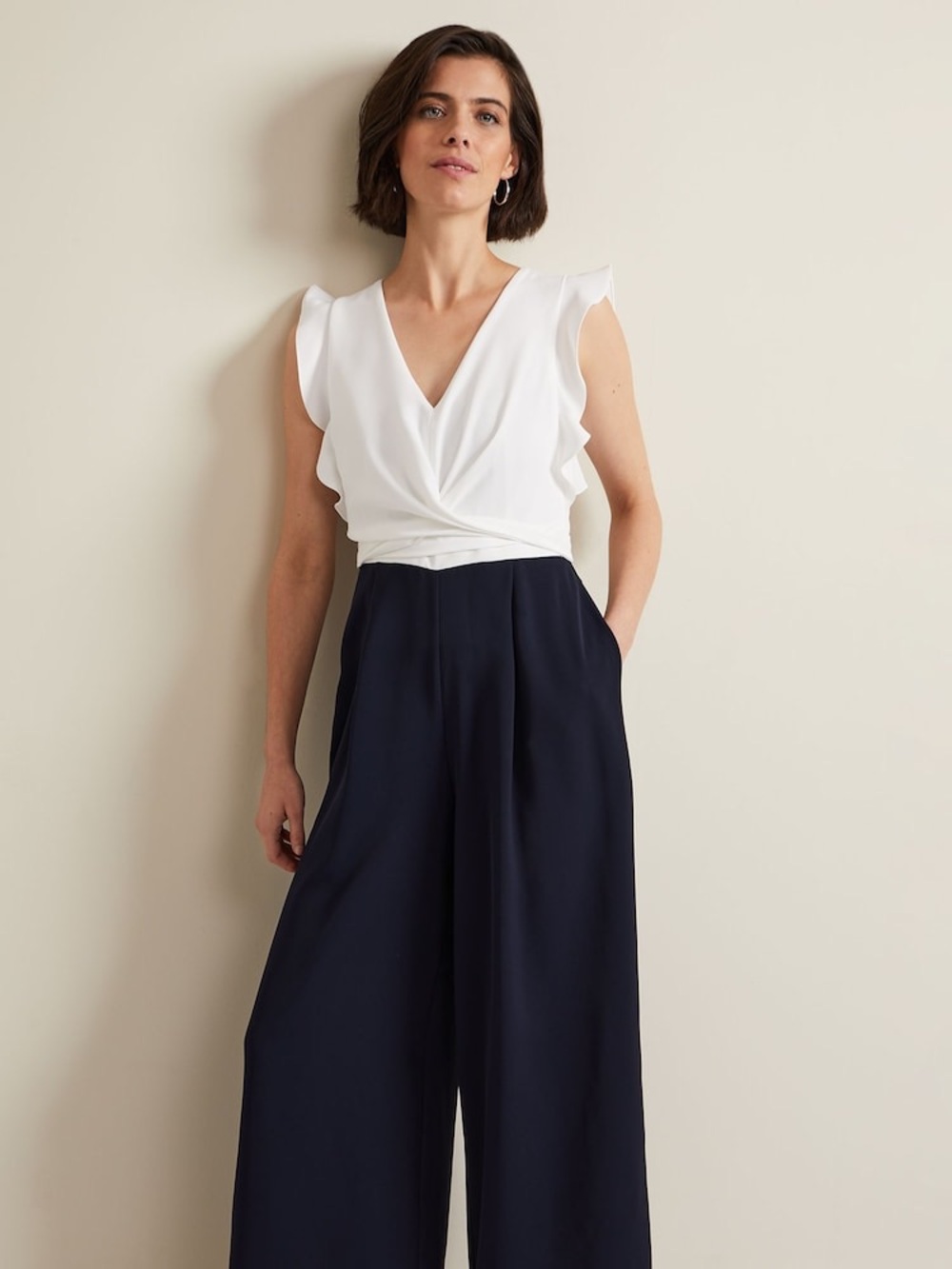 Phase Eight White Ruffle Navy Blue Belted Pocket Wide Leg Tailored Jumpsuit - Picture 13 of 16